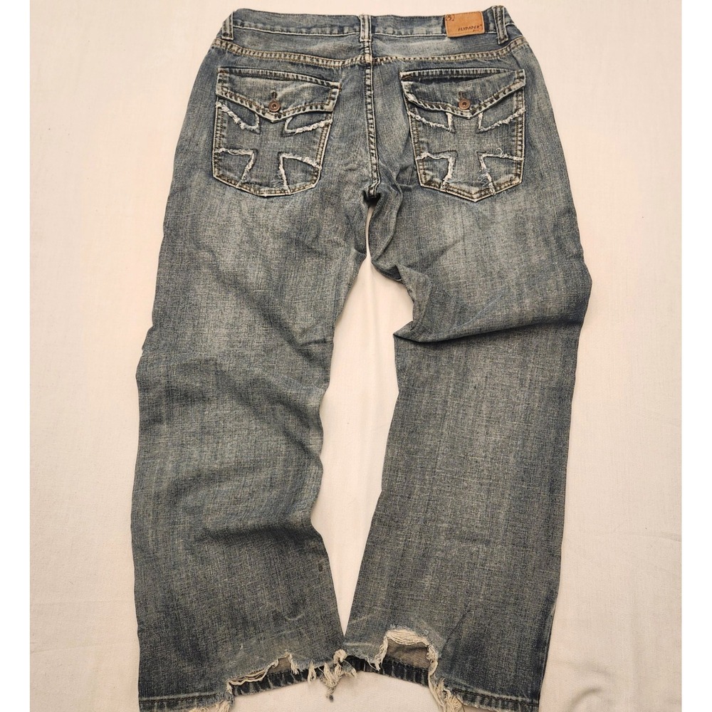 Flypaper Jeans Mens 34x30 Straight Leg Blue Denim Distressed Cross Back Pockets